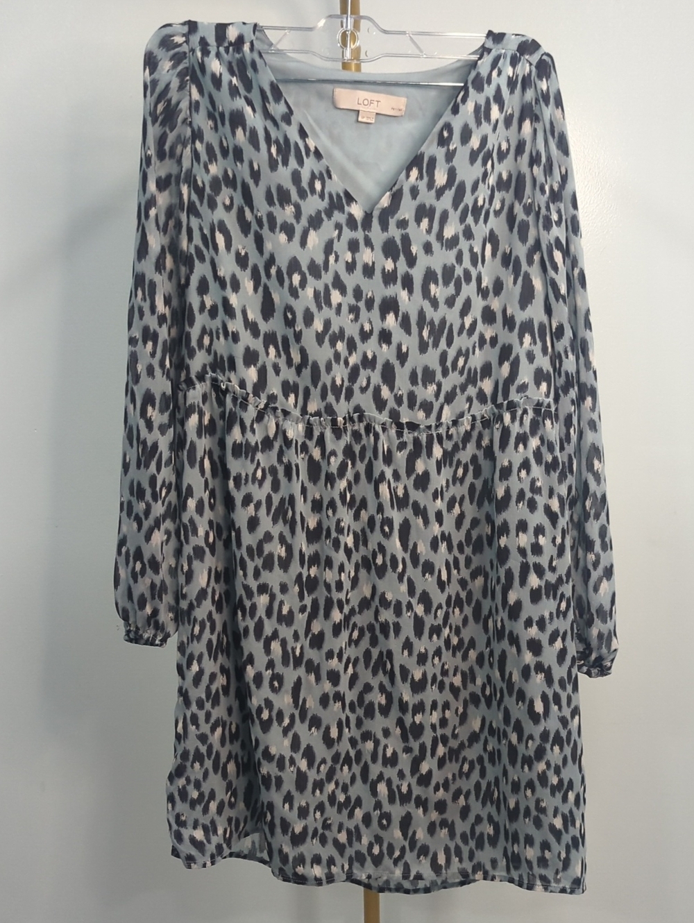LOFT Light Blue Leopard Print V-Neck Long Sleeve Dress